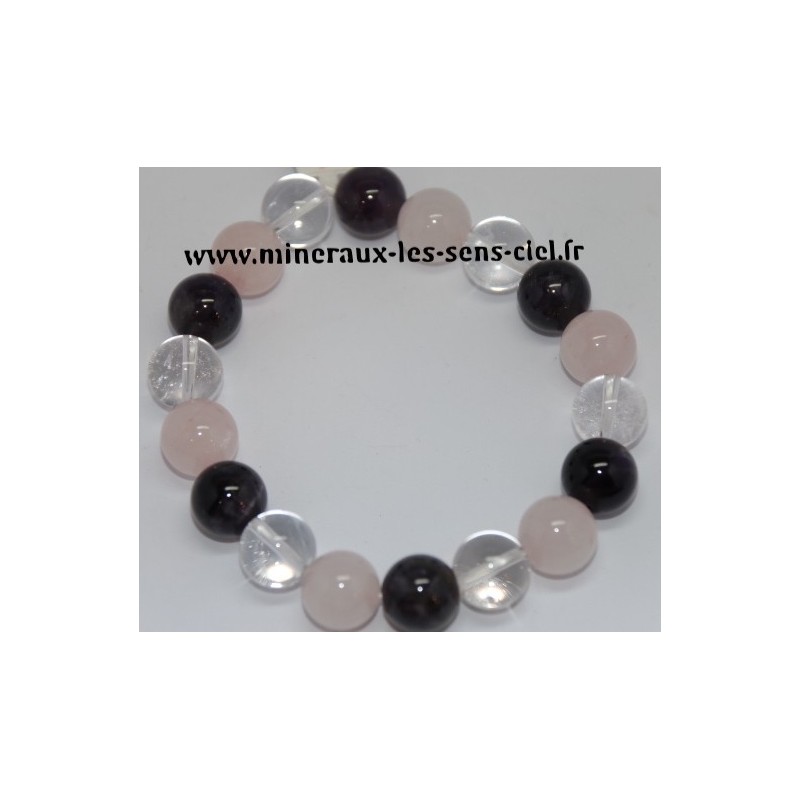 Bracelet Boules 12mm Améthyste - Quartz Rose et Cristal de Roche