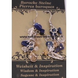 Boucle d'Oreille Baroque Lapis Lazuli - Quartz Rutile - Cristal de Roche