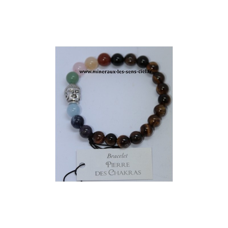 Bracelet Boules 8mm 7 Chakras - Pierres Oeil de Tigre - Bouddha