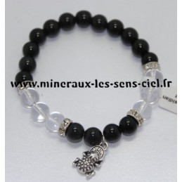 Bracelet Boules 8mm Obsidienne Doré et Cristal de Roche avec Grenouille de la Fortune