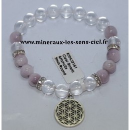 Bracelet Boules 8mm Kunzite + Cristal de Roche + Fleur de vie