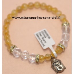 Bracelet Boules 6 et 8mm Citrine et Cristal de Roche et Bouddha