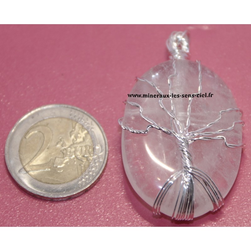 Pendentif galet pierre Cristal de Roche avec Arbre de Vie