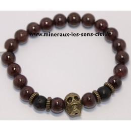 Bracelet Boules 8mm Grenat et pierre de lave et tête de mort