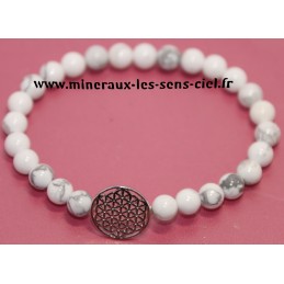 Bracelet boules 6mm pierre magnésite ou howlite avec fleur de vie