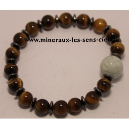 Bracelet boules 8mm pierre oeil de tigre, disque hématite et Boule de Jade vert