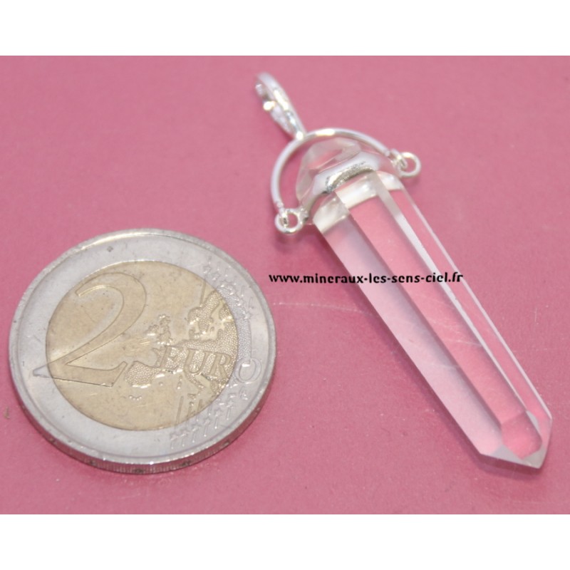 Pendentif biterminer pierre Cristal de Roche ou Quartz sur argent