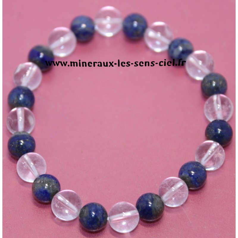 Bracelet boules 8mm pierre Lapis Lazuli et Cristal de Roche