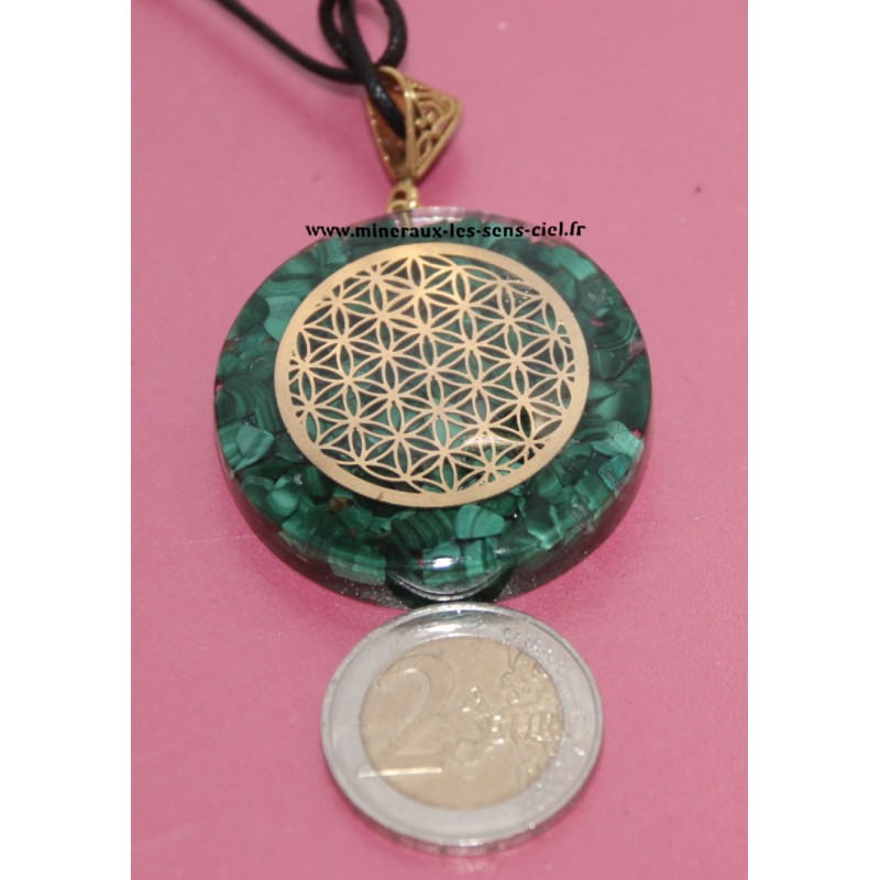 Pendentif orgonite pierre Malachite avec Fleur de Vie