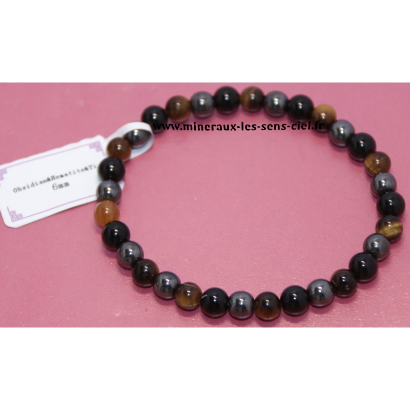 Bracelet boules 6mm Obsidienne noire - Oeil de Tigre - Hématite