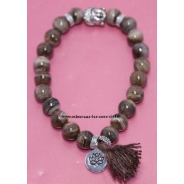 Bracelet boules 8mm bois pétrifié avec Bouddha et fleur de Lotus