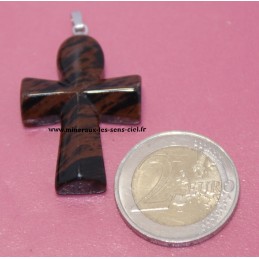 Pendentif Croix de Ankh pierre Obsidienne Acajou