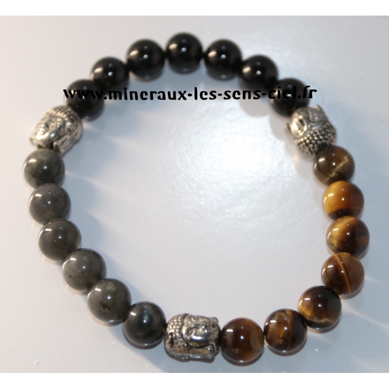 Bracelet boules 8mm pierre labradorite, oeil de tigre, obsidienne oeil céleste et 3 bouddhas