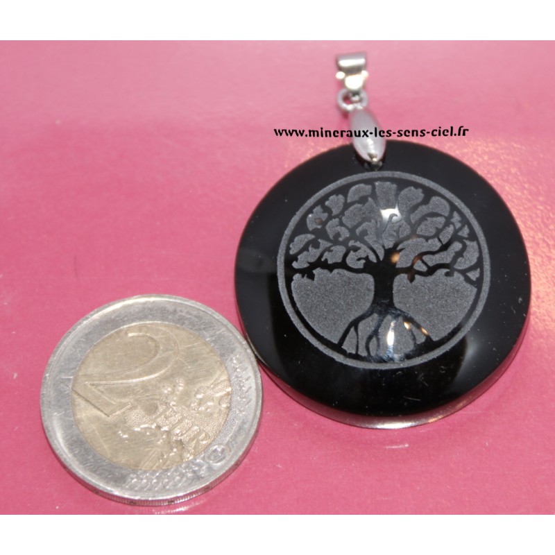 pendentif rond pierre obsidienne noire avec arbre de vie