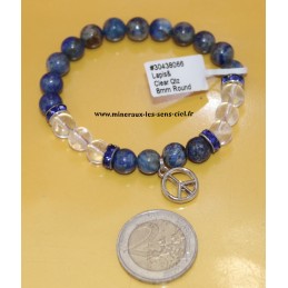 bracelet boules 8mm pierre cristal de roche et lapis lazuli