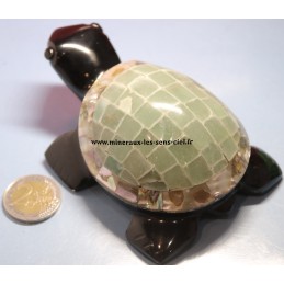 tortue en pierre obsidienne noire avec aventurine et coquillage abalone