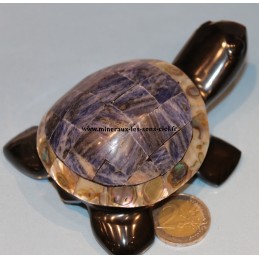 tortue obsidienne doré avec abalone et pierre sodalite