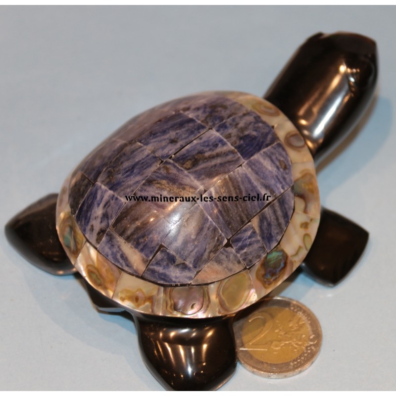 tortue obsidienne doré avec abalone et pierre sodalite